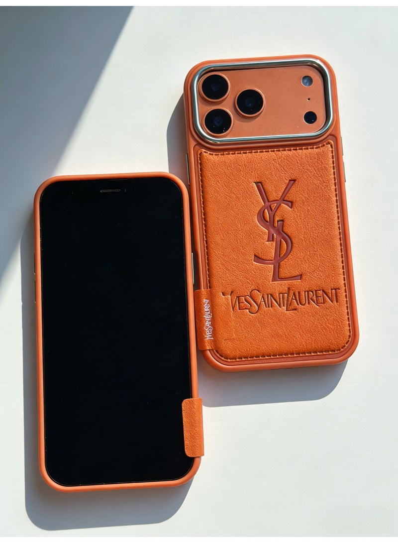 Saint Laurent YSL Orange Leather Protective Case with Card Slot for iPhone 16-17 Pro Max - Image 2